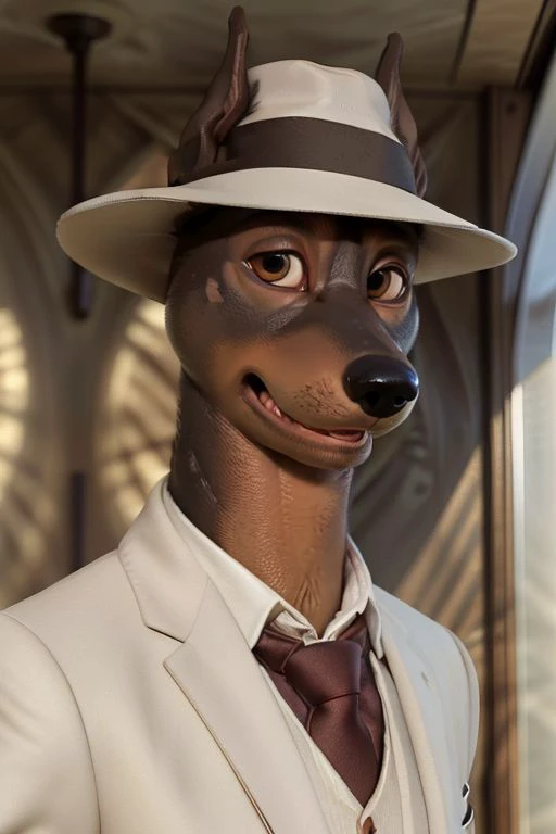 Photo-Realistic, masterpiece, detailed fur, shocked, looking at viewer, (detailed pixar eyes:1.2), detailed eyes, male, anthro, <slora:add_detail:0.3>, ((Martin Torque, Doberman, Suit, Fedora)), ((BREAK detailed fur, realistic fur, neat limbs, glistering fur, detailed fingers, detailed snout, detailed eyes, masterpiece, detailed lighting, detailed shadows, realistic lighting, realistic shadows, warm soft light, subsurface scattering, light rays)), ((Brown Eyes