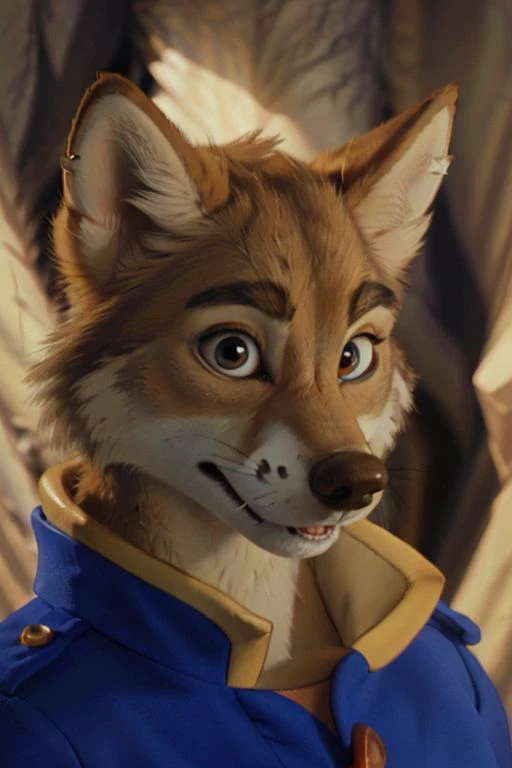 Photo-Realistic, masterpiece, detailed fur, shocked, looking at viewer, (detailed pixar eyes:1.2), detailed eyes, female, anthro, <slora:add_detail:0.3>, ((Don Karnage, Wolf, Tan Fur, Beige Muzzle, Blue buttoned captain's jacket with popped collar)), BREAK detailed fur, realistic fur, neat limbs, glistering fur, detailed fingers, detailed snout, detailed eyes, masterpiece, detailed lighting, detailed shadows, realistic lighting, realistic shadows, warm soft light, subsurface scattering, light rays