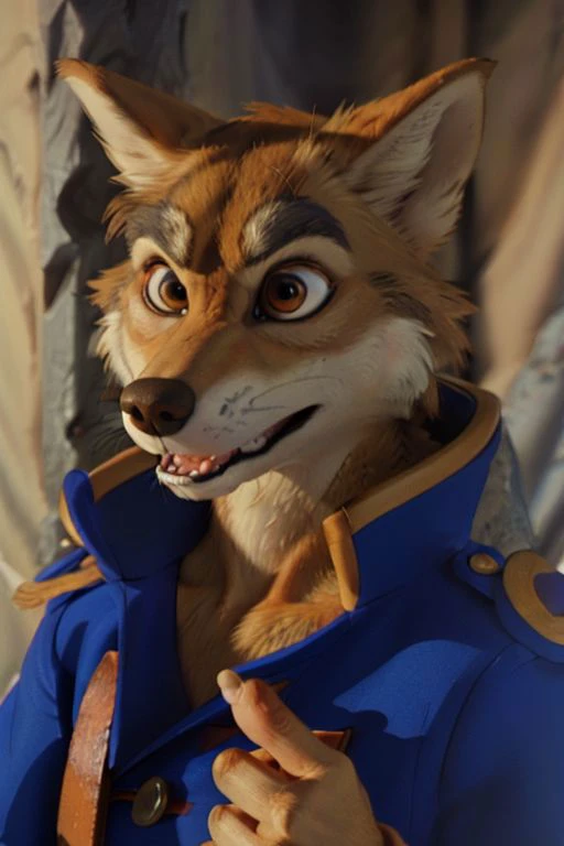 Photo-Realistic, masterpiece, detailed fur, shocked, looking at viewer, (detailed pixar eyes:1.2), detailed eyes, female, anthro, <slora:add_detail:0.3>, ((Don Karnage, Wolf, Tan Fur, Beige Muzzle, Blue buttoned captain's jacket with popped collar, Muscular, Angry Expression)), BREAK detailed fur, realistic fur, neat limbs, glistering fur, detailed fingers, detailed snout, detailed eyes, masterpiece, detailed lighting, detailed shadows, realistic lighting, realistic shadows, warm soft light, subsurface scattering, light rays