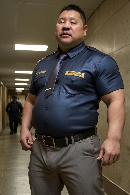4k quality, solo, middle-aged male, Chinese man, China face, massive pec, strong muscles, big belly, black hair, police, wearing police suit, light blue shirt tucked into pants, tie,belt, heat, sweat stains, sweat all over, shame, grey gloomtache, ((erect)), (((raising the crotch))), massive pec, blush,drunk satisfied looking, standing, corridor, realistic, realistic lighting, intricate detail, photorealistic, highres, captured in a wide view by Tim Walker, <lora:Chubby_man_2:0.6>