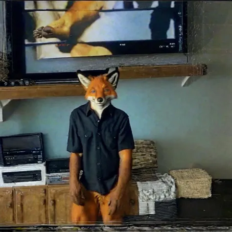 solo, 1boy, (anthro male fox wearing a buttonup shirt), real, paws, detailed fur, realistic, photo, vhs, distortion, glitch, 90VHS, vhs still from tv, vhs from documentary, vhs commercial, home , family reunion, thanksgiving, television set, <lora:VHS3:0.5> <lora:Furtastic_Detailer:0.2> <lora:badvhs_v1:1>