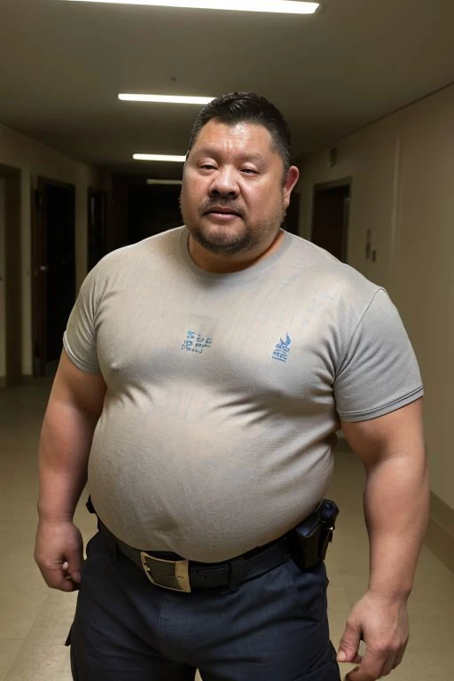 4k quality, solo, middle-aged male, Chinese man, China face, massive pec, strong muscles, big belly, black hair, police, wearing police suit, light blue shirt tucked into pants, tie,belt, heat, sweat stains, sweat all over, shame, grey gloomtache, ((erect)), (((raising the crotch))), massive pec, blush,drunk satisfied looking, standing, corridor, realistic, realistic lighting, intricate detail, photorealistic, highres, captured in a wide view by Tim Walker, <lora:Chubby_man_2:0.6>