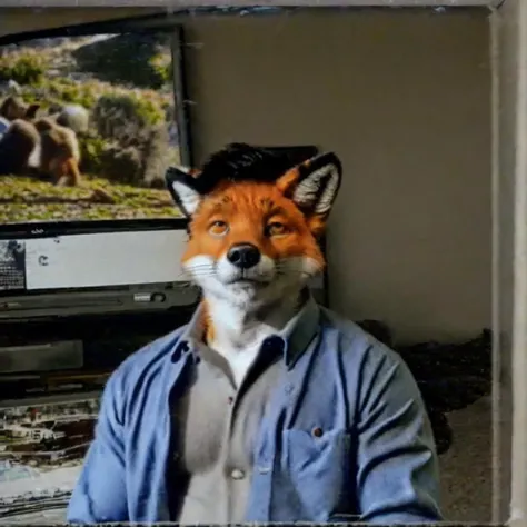 solo, 1boy, (anthro male fox wearing a buttonup shirt), real, paws, detailed fur, realistic, photo, vhs, distortion, glitch, 90VHS, vhs still from tv, vhs from documentary, vhs commercial, home , family reunion, thanksgiving, television set, <lora:VHS3:0.5> <lora:Furtastic_Detailer:0.2> <lora:badvhs_v1:1>