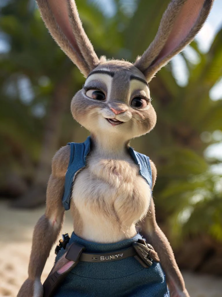 hero view, solo, 1boy, 1girl, female is (judy hopps) (a cute (female (anthro ([bunny:rabbit]))), detailed and extremely fluffy body fur, sleek body, detailed mouth, thick thighs, glossy fur, detailed eyes, rendered eyes, cute-fine-face, furry chest, fur),large round breast,  (casual clothes:1.1), (police uniform:1.1),  ultra realistic, [wildlife:nature] photography, masterpiece, at the beach, horizon,  Remote island with untouched beaches, coconut palms, volumetric light, sunshine, beachside hammock gently swaying between two sturdy palm trees,  coconuts, sand,   detailed, realistic, 8k uhd, high quality, high quality photography, 3 point lighting, flash with softbox, 4k, Canon EOS R3, hdr, smooth, sharp focus, high resolution, award winning photo, 80mm, f2.8, bokeh, cinematic composition, cinematic lighting, highly detailed, masterpiece, best quality, realistic, (intricate:0.9), (high detail:1.4), film photography, sharp focus,