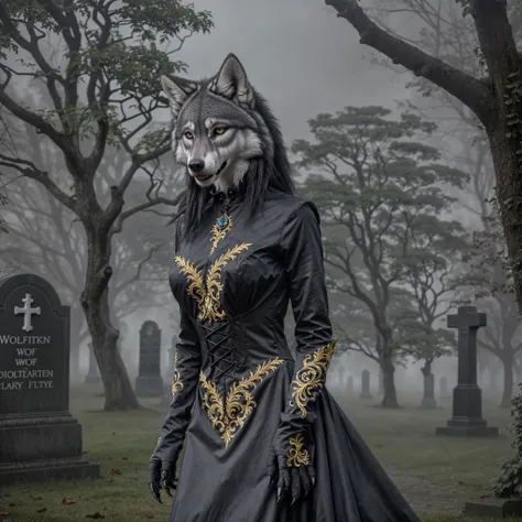 cinema, realistic, photo, 4K, 8K, blurr, detailed background, grimdark, fog, cemetery, crypt, gloom, death, darkness, night
BREAK
extremely detailed solo(wolf, furry:1.4), black fur, detailed fur, glistering fur, realistic fur, full body, petite, (predatory look, vivid expression), sexy body, golden eyes, gothic fashion, detailed gothic dress, jewels, black dress, gold embroidery
