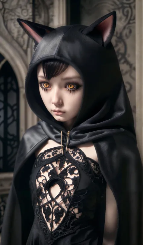 anime style, human, 1girl, cat girl, (cat ears), (cat tail), black hair, golden eyes, gloomy atmosphere, detailed gothic dress, hooded cloak, (symbol of death on dress), mysterious expression, pale skin, intricate details, masterpiece
