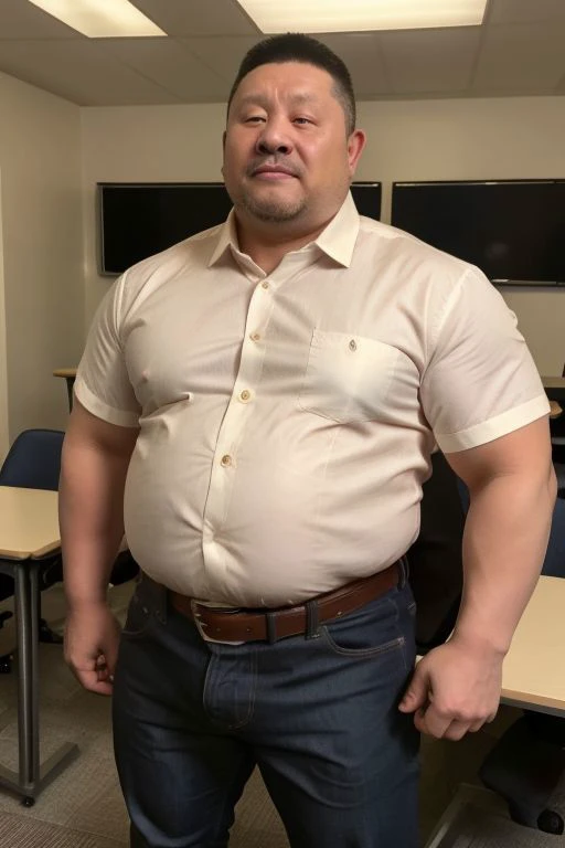 4k quality, middle-aged male, Chinese man, China face, massive pec, strong muscles, big belly, black hair, math teacher, wearing white shirtshirt tucked into jeans, tie,belt, heat, sweat stains, sweat all over, shame, grey gloomtache, ((erecting)), (((raising the crotch))), massive pec, blush, satisfied looking, standing, holding a conference, class roomwearing navy black nylon sexy socks,<lora:Chubby_man_2:0.6>