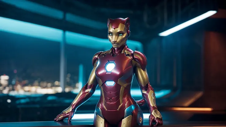 detailed background, high-tech workshop with sleek metallic surfaces and holographic displays, (futuristic city skyline)visible through the windows, Iron Man's iconic red and gold suit standing tall in the center of the room, but with a furry twist. Meet Iron Feline, a female humanoid cat version of Iron Man. Her suit is adorned with sleek and shiny metallic fur patterns that flow seamlessly into her feline features. Her helmet reveals two sharp feline ears atop her head as she gazes at you with intelligent green eyes(glowing arc reactor). The suit hugs her slender frame perfectly, emphasizing her lithe build while retaining all the intricacies of Tony Stark's original design. With elegant movements and an air of confidence, this furry embodiment of power stands ready to protect justice in this alternate Marvel universe.