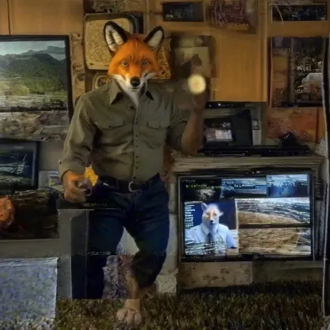 solo, 1boy, (anthro male fox wearing a buttonup shirt), real, paws, detailed fur, realistic, photo, vhs, distortion, glitch, 90VHS, vhs still from tv, vhs from documentary, vhs commercial, home , family reunion, thanksgiving, <lora:VHS3:0.5> <lora:Furtastic_Detailer:0.2> <lora:badvhs_v1:1>