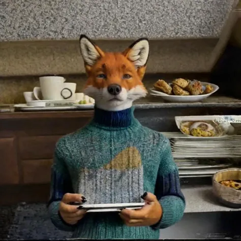 solo, 1boy, (anthro girly male fox wearing a turtleneck sweater and holding a plate of food), real, paws, detailed fur, realistic, photo, vhs, distortion, glitch, 90VHS, vhs still from tv, vhs from documentary, vhs commercial, home , family reunion, thanksgiving, <lora:vhs:0.2> <lora:VHS3:0.6> <lora:badvhs_v1:0.2> <lora:Furtastic_Detailer:0.3>