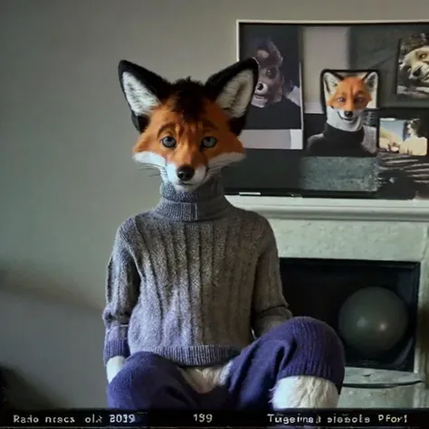 solo, 1boy, (anthro girly male fox wearing a turtleneck sweater and holding an orb), real, paws, detailed fur, realistic, photo, vhs, distortion, glitch, 90VHS, vhs still from tv, vhs from documentary, vhs commercial, home , family reunion, thanksgiving, <lora:Furtastic_Detailer:0.2> <lora:vhs:0.3> <lora:VHS3:0.6> <lora:badvhs_v1:0.4>