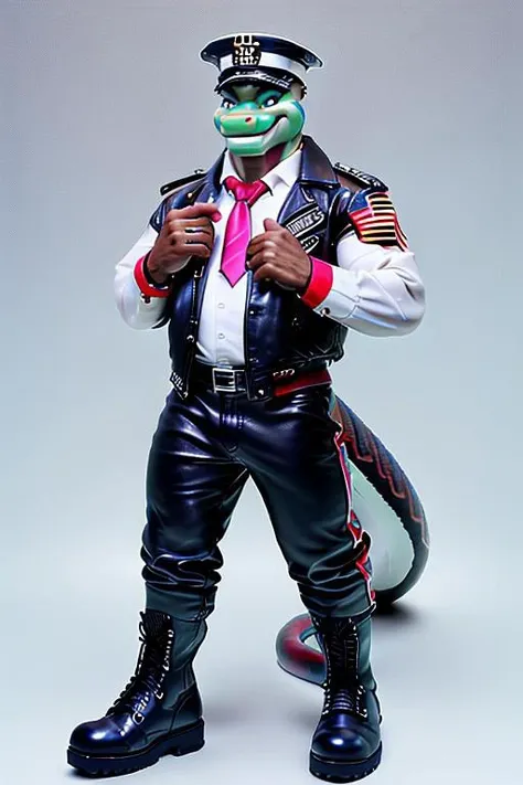 Image of Uncle Sam pointing his index finger at the viewer at front, snake, Serpent, daddy, anthro, Leather, tall, blue, white, long-sleeve, black, leather cap, leather jacket, leather tie, leather uniform, leather pants, leather navy kepi, leather muir cap, leather tall long riding boots, full body, no background, challenge, smile, FHD, realism