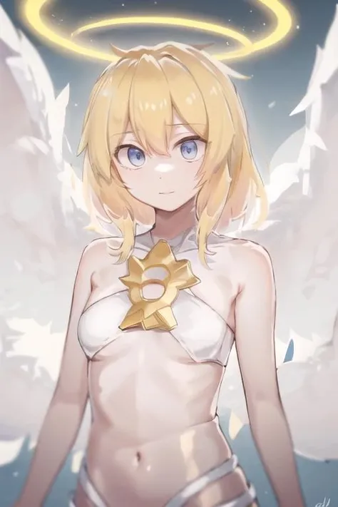 <lora:lucifina-mgq-v1:1>, lucifina, halo, angel wings, looking at viewer, upper body, chibi