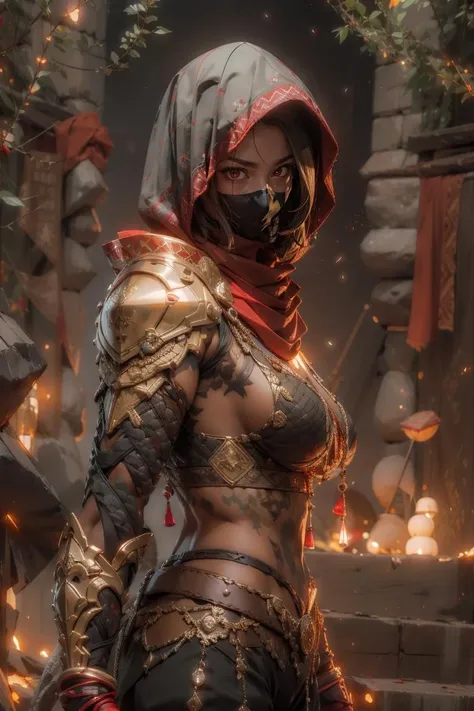(forrest),  perfect lighting, <lora:sxz-niji-v2:0.4> ,   <lora:fire-style-ninja-darquelilly-v1:1>,firestyleninja, ((dark skin)), gloves, red hood, scarf, shoulder armor ,  (fire:.2), (huge breasts:1.5), perfect ass, red eyes, thick thighs, in newyork
