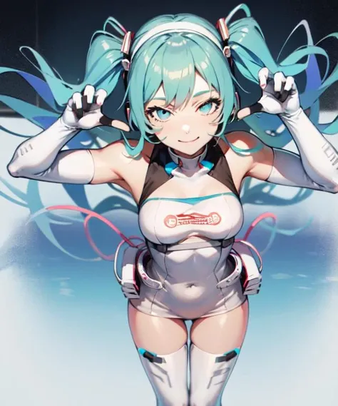 <lora:racing_miku_2014_v1:1.0>, miku_2014, elbow gloves, thighhighs, thigh boots,
medium breasts, standing, smug face,
1girl,