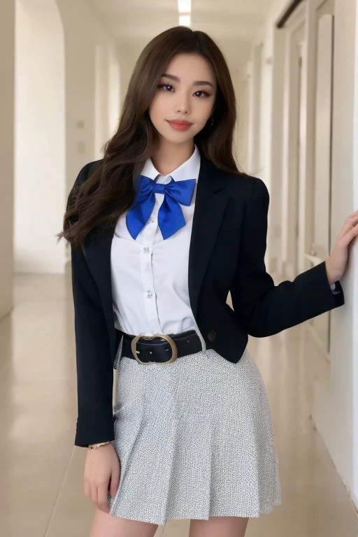 4k, 8k, ultra highres, raw photo in hdr, sharp focus, intricate texture, skin imperfections, realistic, detailed facial features, highly detailed face, posing,perfect lighting,long hair,(brown hair),facing viewer,smile,standing,hallway,<lora:Supcaitlin1:0.7> Supcaitlin1,grin,bright red lipstick,thick lips,eyeliner,eyelashes,plump lips,blazer,white shirt, school dress, long skirt, red bowtie, belt