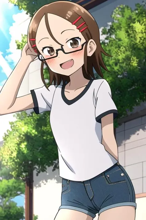 <lora:tenkawa_yukari:0.7>  masterpiece, best quality, 1girl, solo, blush,  smile, open mouth, brown hair, hair ornament, brown eyes, glasses, hairclip, sunlight, anime coloring, looking at viewer, black shirt, short sleeves, denim shorts, sunlight,