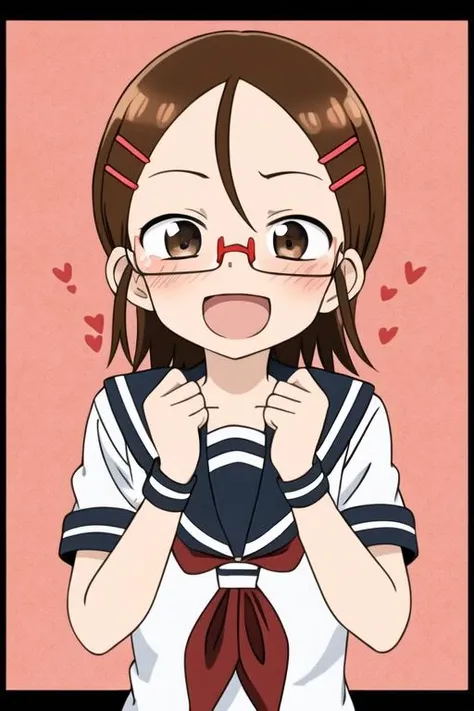 <lora:tenkawa_yukari:0.7> masterpiece, best quality, 1girl, solo, blush, smile, open mouth, brown hair, hair ornament, brown eyes, glasses, hairclip, sunlight, anime coloring, looking at viewer, heart background, abstract background, excited, hands on own cheeks, serafuku, sailor collar, red neckerchief, short sleeves,