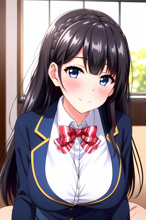Anime girl with long black hair wearing a blue jacket and red bow tie ...