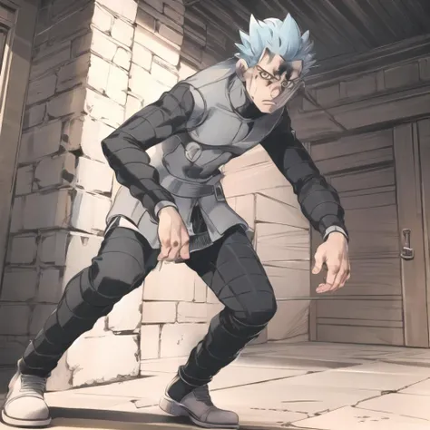 ((masterpiece:1.4,best quality)), 1boy, solo, <lora:CyrusLora-10:1>, cyrus \(pokemon\), blue hair, spiky hair, widows peak, frown, grey vest, black shirt, black pants, long sleeves, ribbed shirt, ribbed legwear, full body, looking at camera, perfect anatomy, <lora:JOJOS_BIZARRE_ADVENTURE_Part5_ComicStyle-000040:0.9:lbw=outall>, stand (jojo), araki hirohiko (style), dynamic pose