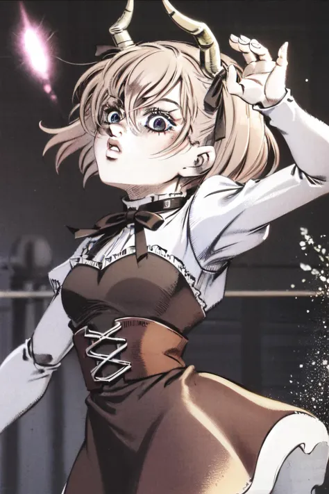 liniefrieren, 1girl, solo, long sleeves, ribbon, hair between eyes, twintails, hair ribbon, horns,brown bow, brown ribbon,<lora:linie:0.7>
,child,toddler size,
__å¯ç¨èæ¯__
__表æ
__
<lora:JOJOS_BIZARRE_ADVENTURE_Part5_ComicStyle-000040:0.9:lbw=outall>dynamic pose,,