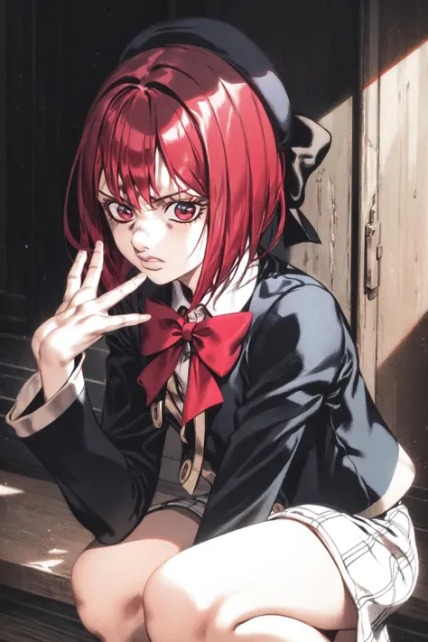 <lora:JOJOS_BIZARRE_ADVENTURE_Part5_ComicStyle-000040:0.9:lbw=outall>
<lora:arima_kana:0.8>arima_kana, short hair, hat, shirt, bow, long sleeves, beret, red hair, jacket, red eyes, bowtie, white shirt, collared shirt, skirt,
squatting, (best quality:1.3),1girl,<lora:GoodHands-beta2:1>,