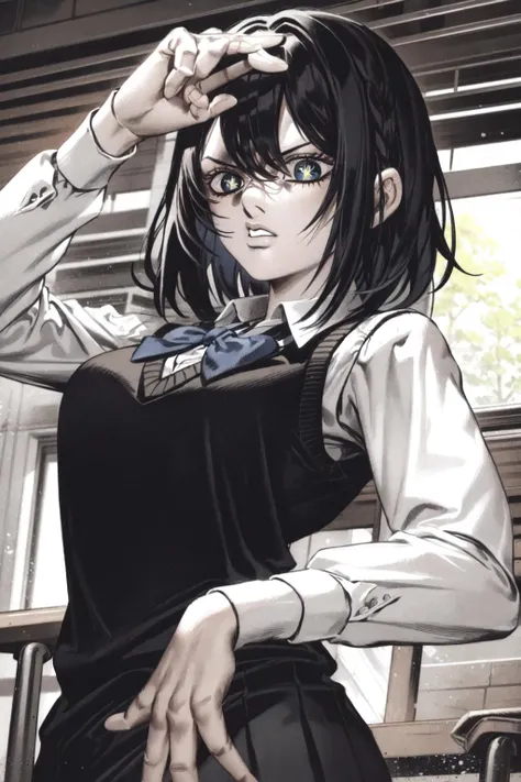 <lora:JOJOS_BIZARRE_ADVENTURE_Part5_ComicStyle-000040:0.9:lbw=outall>
<lora:kurokawa_akane:0.8>kurokawa_akane, short hair, medium hair,
shirt, white shirt, collared shirt, long sleeves, school uniform, vest, sweater vest,bowtie, bow, blue bow, blue bowtie,
dynamic pose,, (best quality:1.3),1girl,<lora:GoodHands-beta2:1>,