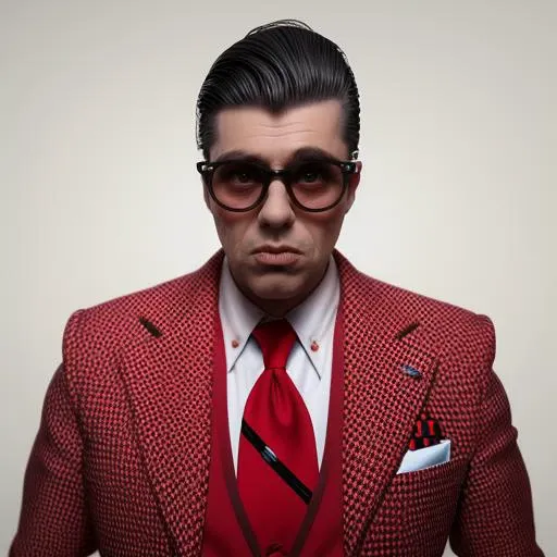 a man (tatobores:1) in the street, with a red suit and blue tie, hyperealistic, high detailed <lora:tatobores:1>, Psychobilly fashion style, combines elements of rockabilly, punk, and retro influences, characterized by bold prints, vintage-inspired clothing, and edgy accessories, promotes a rebellious and retro aesthetic, encourages individuality and creativity