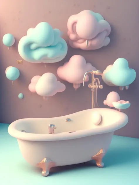 <lora:CuteClayEmojis:1>3D model, furniture design, breakdown modeling, bathtub, candy, cream, breakdown design, soft color, cloud, romantic, complex texture, abstract style, fairytale style, dreak down drawing, compostion of many matching furniture, white background, poster style, 8K