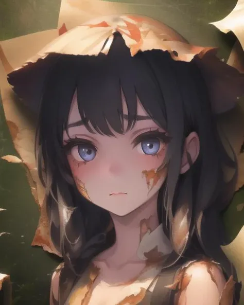 masterpiece, best quality,,worn-out paper,(1girl),beautiful face,paper,