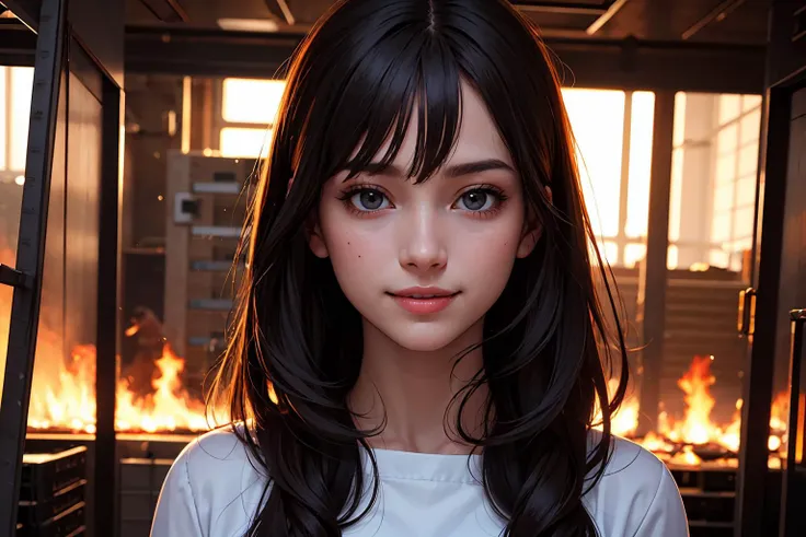 full body, girl smiling, black eyes, looks mysteriously into the camera, burning server room, Best quality, masterpiece, ultra high res, (photorealistic:1.4), deep shadow, detailed eyes, shiny skin