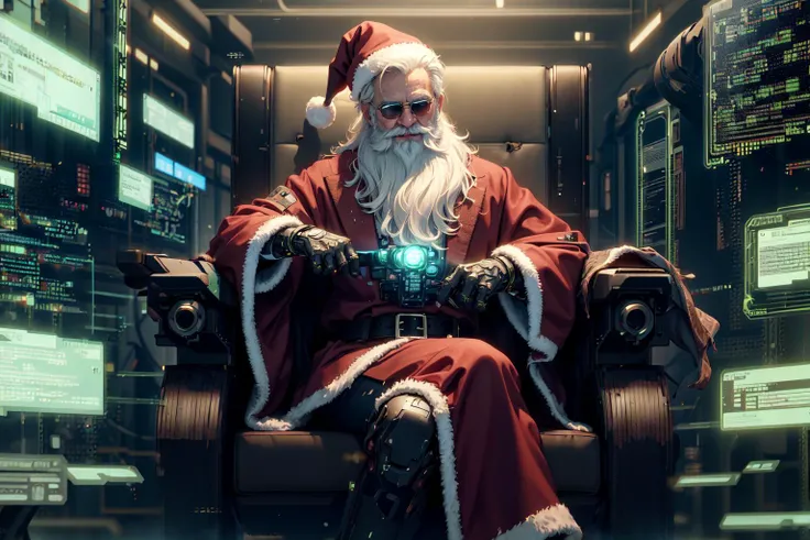 masterpiece, best quality, official art, (hand by Guido Daniele), extremely detailed CG unity 8k wallpaper, <lora:HackedTech:1> hackedtech, scifi, cyberpunk, data stream, pixelated, (santa claus:1), red robe, sitting on a throne, people worshiping