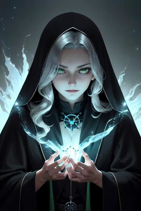 Masterpiece, 3/4 shot, woman, racy outfit, ethereal background, solo, upper body, looking at viewer, detailed background, detailed face, (<lora:ChromeTech:0.6>, chrome, chrometech theme:1.1), techno-warlock, wicked smirk, evil undertone, black wizard robes, sci-fi high-tech amulet, glowing techwear, ( green color scheme:1.1), necrotic energy core, , accursed eldritch aura, , cybernecromantic ritual, summoning machine spirit, eerie ethereal atmosphere,