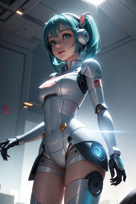 1 Girl, Android, Cyberpunk, Cyan hair, Cyan eyes, short hair, white breastplate, Black headphones, Mechanical white tights, Bare shoulders, smooth, Shiny material,