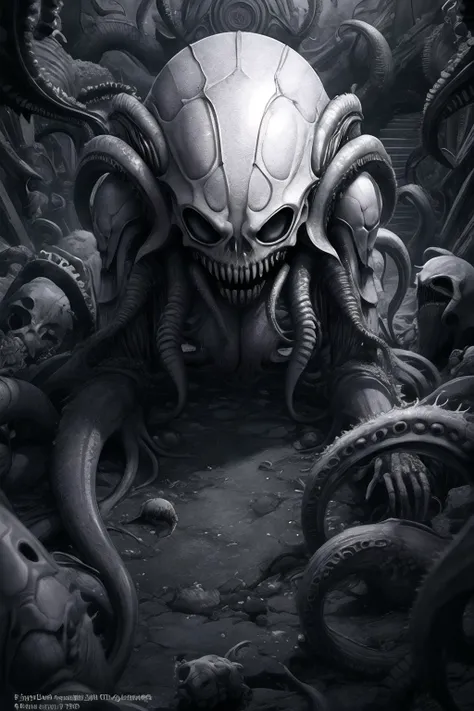 (masterpiece, best quality, official art, beautiful and aesthetic),1girl and gigerwall,emotional female human face,evil smile,xenomorph,polished texture relief,the body of the girl is embeded in the alien \(relief\),H.R.giger \(style\),eldritch abomination,skeleton,black baord,octopus,crusu,monster,monochrome,teeth,horror \(theme\),the body of the girl is entangled by (tentacles:1.3),<lora:gigerwall:0.6>,<lora:add_brightness:0.3>,<lora:Mild detail adjusterV10_4:1>,