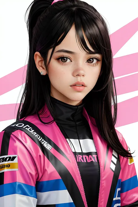 jenna orterga, jenna_ortega wearing racing suit, skinny, long hair,
black with pink racing suit, 
head shot, close up, upper body, karate studio background, mid-twenty, age:21, 21 year old, portrait,
<lora:Jenna_Ortega_V2:0.7>,