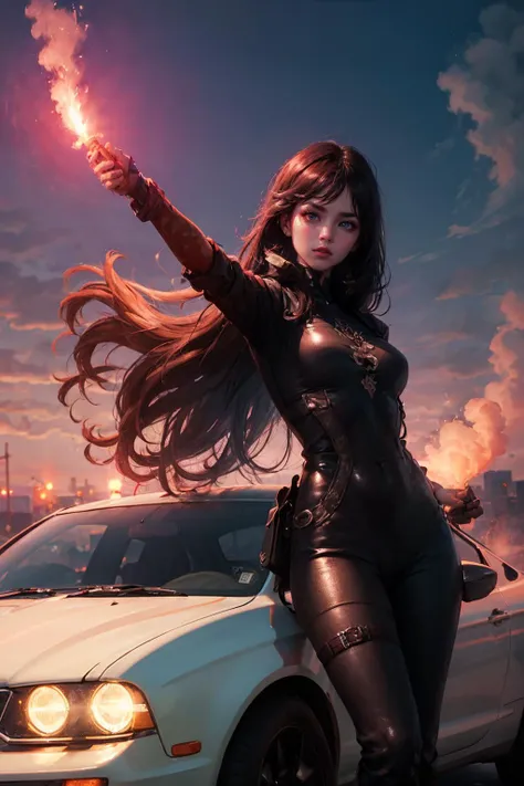 SignalFlare, 1girl, detailed, high quality, high res, ultra res, (masterpiece:1.2), holding a signalflare, over a car, hovering, dusk<lora:SignalFlare:1>, hero pose, open arms, long hairs, (masterpiece:1.2), (intricate details:1.0), illustration, flat colors, best quality, high quality, vibrant colors, ultra high res, professional artwork, 4k, 8k uhd, extremely intricate, extremely detailed, amazing, fine detail, rich colors, unrealengine, trending on artstation,absurdres, highres