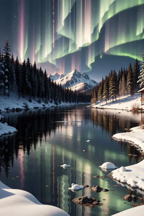 masterpiece, best quality, official art, (hand by Guido Daniele), extremely detailed CG unity 8k wallpaper, no humans, snowy mountain, lake reflection, <lora:aurora-style-richy-v1:0.25> aurorastyle, aurora