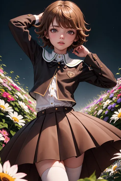 masterpiece, best quality, highly detailed, illustration, , 1girl, , <lora:chihiro-nvwls-v1:1>, fujisaki chihiro, otoko no ko, hair between eyes, detailed eyes, petite, flat chest, thin thighs, , brown skirt, thighhighs, collar, hand behind head, looking at viewer, , ambient lighting, field of flowers,
