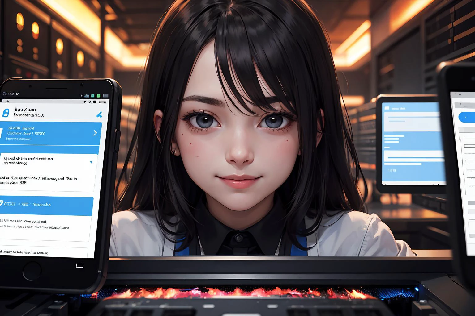 girl smiling, black eyes, looks mysteriously into the camera, burning server room