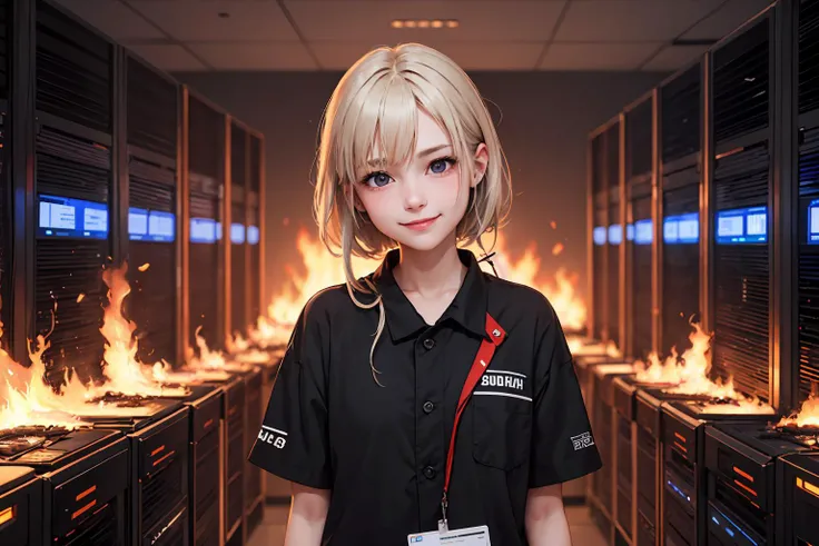 girl smiling, black eyes, looks mysteriously into the camera, burning server room