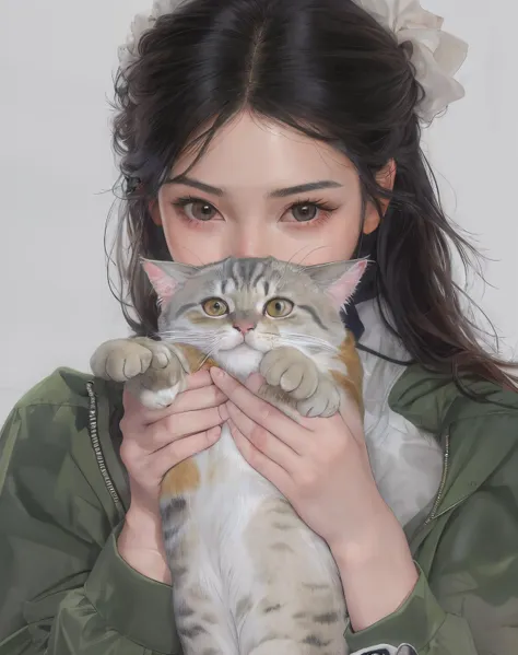 1girl,black hair,solo,holding animal,looking at viewer,black eyes,holding,long hair,holding cat,realistic,simple background,covered mouth,upper body,long sleeves