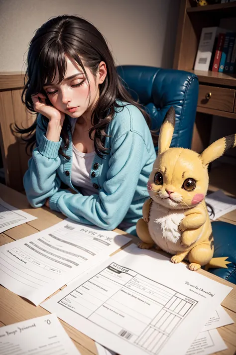 Pikachu committing tax fraud, paperwork, exhausted, cute, really cute, cozy, by steve hanks, by lisa yuskavage, by serov valentin, by tarkovsky, 8 k render, detailed, cute cartoon style