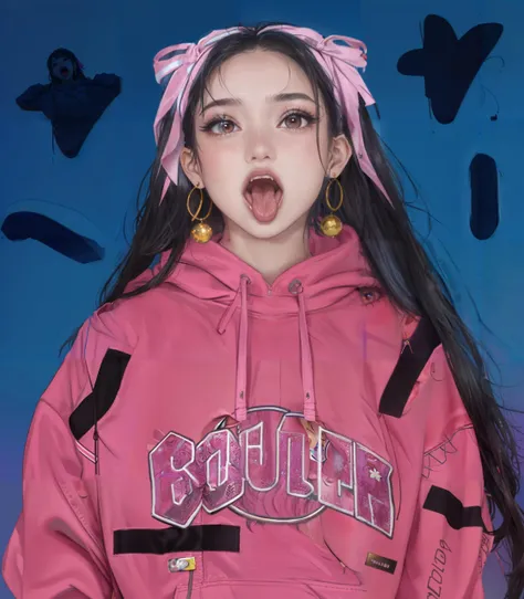 1girl,solo,long hair,black hair,blue background,hoodie,hood,earrings,jewelry,brown eyes,tongue,looking at viewer,tongue out,open mouth,simple background,ribbon,hair ribbon,pink hoodie,upper body,clothes writing,hood down