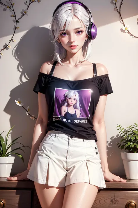 realistic, 1girl, hair over one eye, parted lips, blush, makeup, light smile, white hair, t-shirt, skirt, headphones, glow, thighs, purple eye, bare shoulders, collarbone, narrow waist, bedroom, sunlight, flower, (masterpiece), underwear, potted plant, television, wallpaper, sunbeam,