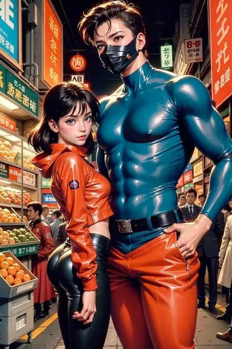 Vintage 90's anime style environmental wide shot of a chaotic crowded underground market at night; a woman wearing an orange jacket tries to hide her face from the police; by Hajime Sorayama, Greg Tocchini, Virgil Finlay, sci-fi. line art. Environmental art.