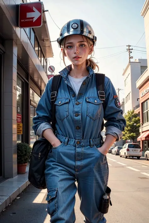Hill Valley Mall a woman in dirty coveralls wearing a helmet and a backpack and carrying a flashlight Decay768