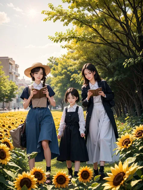 multiple girls, 3girls,books,laughing smile,Masterpiece, best quality, high quality, extremely detailed 8K resolution, a beautiful lady with short, curly red hair adorned with a vibrant sunflower, bright green eyes, dressed in a country-style dress with a sunflower pattern, in a sunny sunflower field filled with vibrant sunflowers and fluttering butterflies, under the warm, golden glow of the midday sun, a style reminiscent of the impressionist era, inspired by the paintings of Claude Monet, digital painting, impressionism, warm color palette, trending on ArtStation, trending on CGSociety, Intricate, High Detail, dramatic, art by midjourney.,
<lora:tw:1>