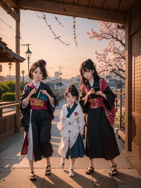 multiple girls, 3girls,books,Smirk smile,Masterpiece, best quality, high quality, extremely detailed 8K resolution, a beautiful lady with long, straight black hair adorned with a delicate gold headpiece, deep brown eyes, dressed in a traditional Japanese kimono with intricate cherry blossom embroidery, in a serene Japanese garden filled with blooming cherry blossom trees and tranquil koi ponds, under the soft, pink glow of the setting sun, a style reminiscent of the ukiyo-e era, inspired by the paintings of Katsushika Hokusai, digital painting, ukiyo-e, pastel color palette, trending on DeviantArt, trending on Behance, Intricate, High Detail, dramatic, art by midjourney.,
<lora:tw:1>