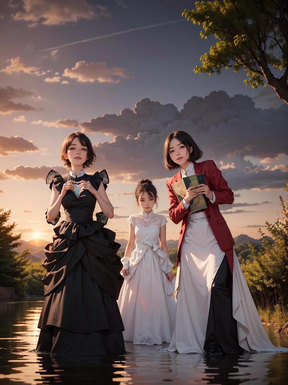 multiple girls, 3girls,books,short hair,Chuckle smile
8K image, a woman, her hair resembling a lush vineyard, eyes sparkling like fine wine. Clad in a gown crafted from woven grapevines, she stands in a vineyard where wine flows in rivers. The scene, under the warm sunset, depicted in the style of a vintage wine poster.
<lora:tw:0.6>
masterpiece, best quality, official art,
